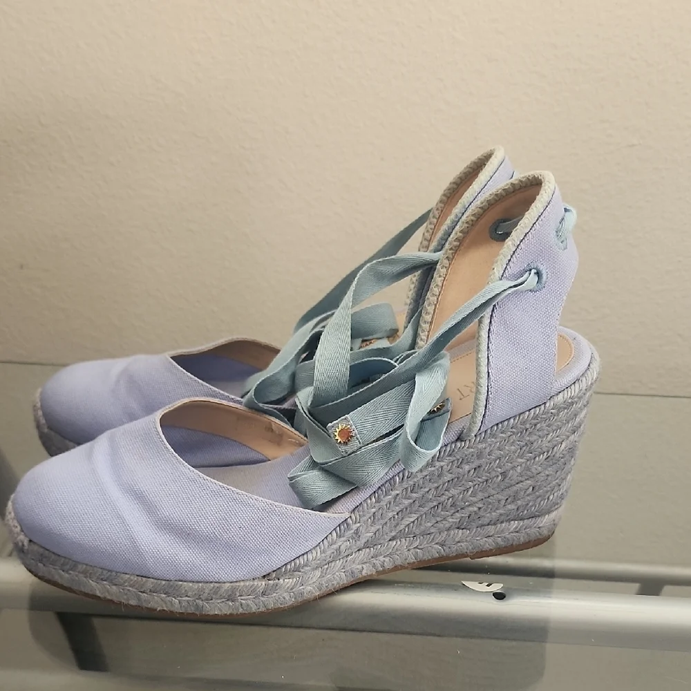 Stuart Weitzman Blue Espadrille Wedge Sandals Wrap Tie Summer Resort